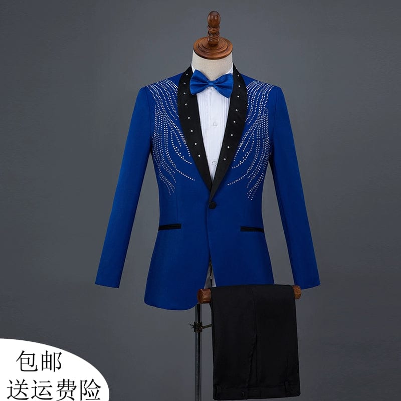  Showlu Fashion Store Blue(Suit + black pants with bow tie) / 165/80A(S weight about 57.50kg) Diamond Decorations Sequined Chorus Singer Host Performance Costume