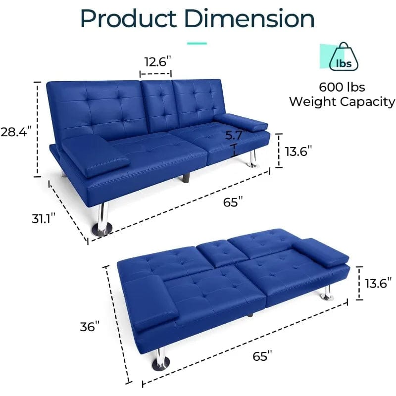 SHOWLU FASHION STORE Blue / United States Sofa Bed, Faux Leather Sleeper Sofa with Mattress and Frame, Convertible Futon Couch for Living Room, Blue