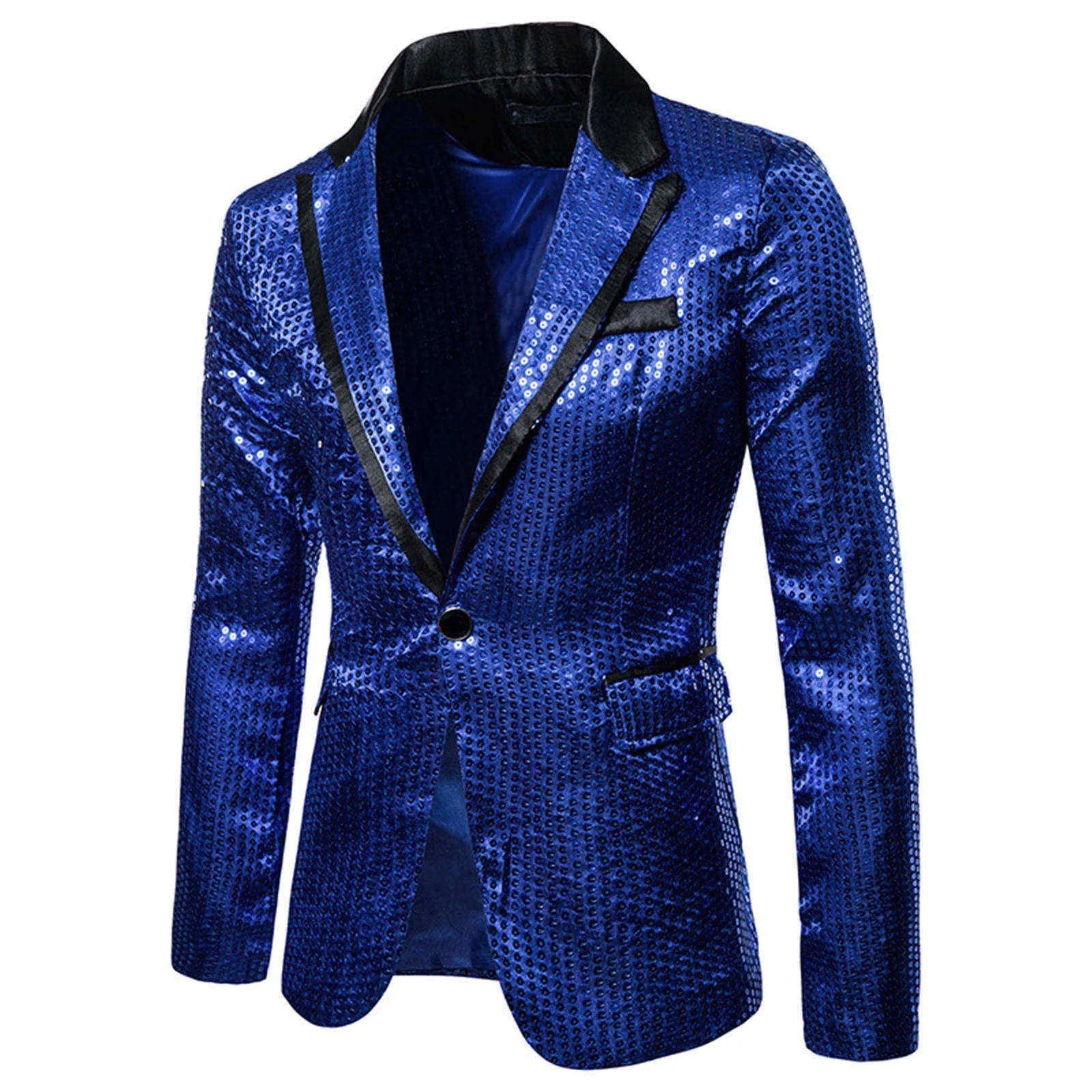 SHOWLU FASHION STORE Blue / XL Fashionable Men's Luxurious Sequin Suit Jacket Color Blocking Collar Casual Single Button Blazer Coats Charm Men's Clothing