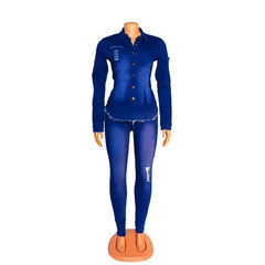 SHOWLU FASHION STORE Blue / XXL Casual Denim 2 Piece Set Jeans Suit Women Blue Long Sleeve Jeans Jacket Long Pants Slim Tracksuit Outfits Spring Autumn