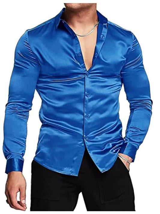 Showlu Fashion Store blue / XXXL 2023 New business gentleman social fashion design shirt top Men's satin party slim-fit dress shirt