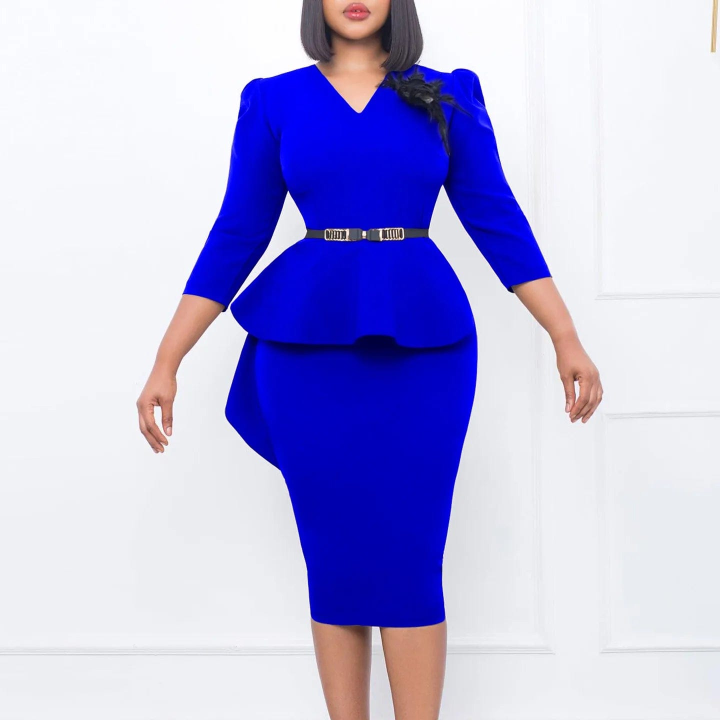 SHOWLU FASHION STORE Blue / XXXL Summer Elegant Applique Ruffles Bodycon Pencil Dress With Belt Women Classic Business Office Mid Dresses