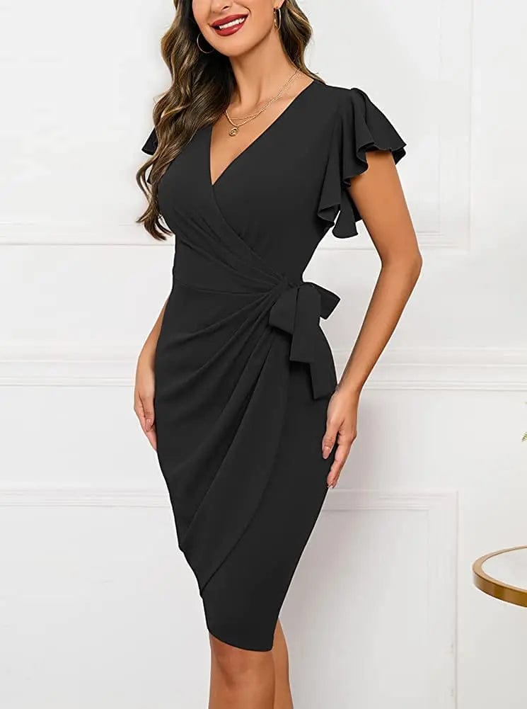 Showlu Fashion Store Bodycon Summer Dress Cocktail Faux Wrap Dresses Deep V Neck Ruffle Sleeve Ruched Party Work Formal Wedding Sexy Dress for Women