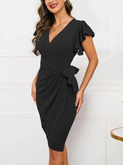 Showlu Fashion Store Bodycon Summer Dress Cocktail Faux Wrap Dresses Deep V Neck Ruffle Sleeve Ruched Party Work Formal Wedding Sexy Dress for Women