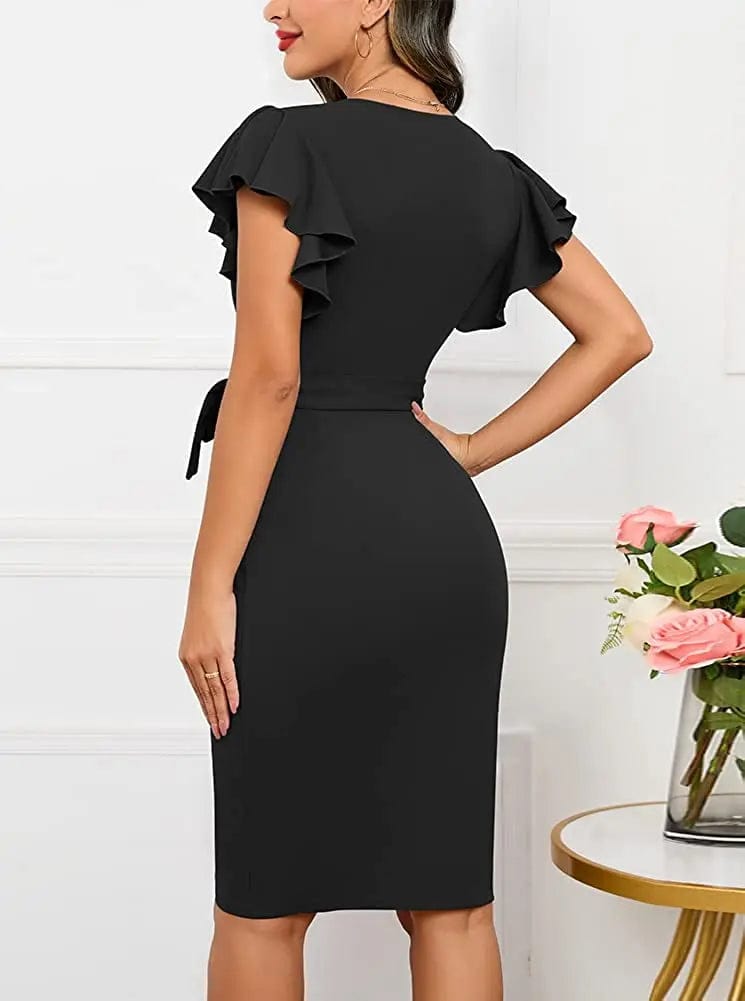 Showlu Fashion Store Bodycon Summer Dress Cocktail Faux Wrap Dresses Deep V Neck Ruffle Sleeve Ruched Party Work Formal Wedding Sexy Dress for Women