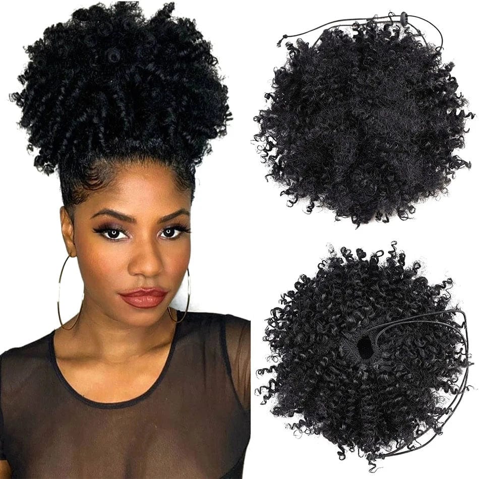 Showlu Fashion Afro Puff Curly Chignon synthetic hair bun with drawstring, natural black, for women’s curly ponytail hair extensions