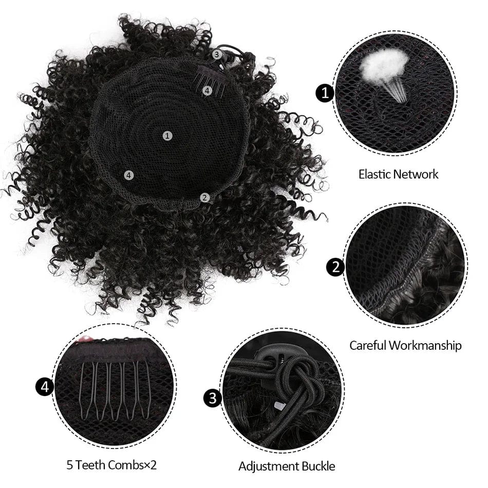 Showlu Fashion Afro Puff Curly Chignon synthetic hair bun with drawstring, natural black color, suitable for women’s hair extensions.