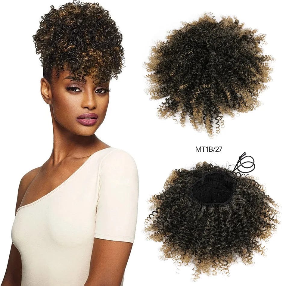 Showlu Fashion Afro Puff Curly Chignon synthetic hair bun with drawstring, natural black, for women’s curly hairstyle accessory.
