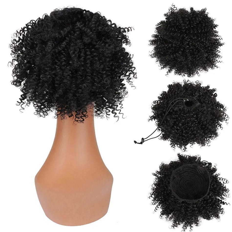 Showlu Fashion Afro Puff Curly Chignon synthetic hair bun with drawstring, natural black color, styled for women’s curly updo.