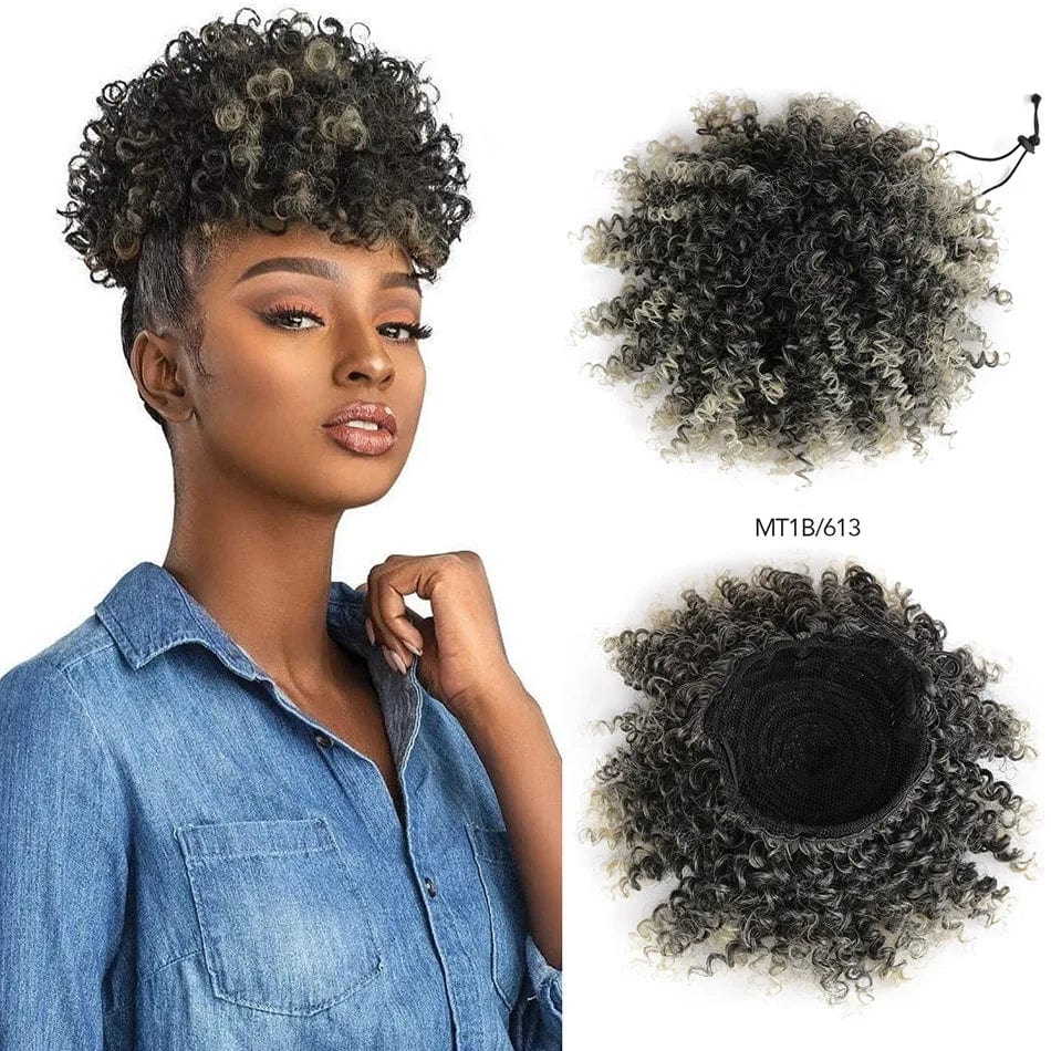 Showlu Fashion Afro Puff Curly Chignon synthetic hair bun with drawstring, natural black, for women’s curly hairstyle extension.