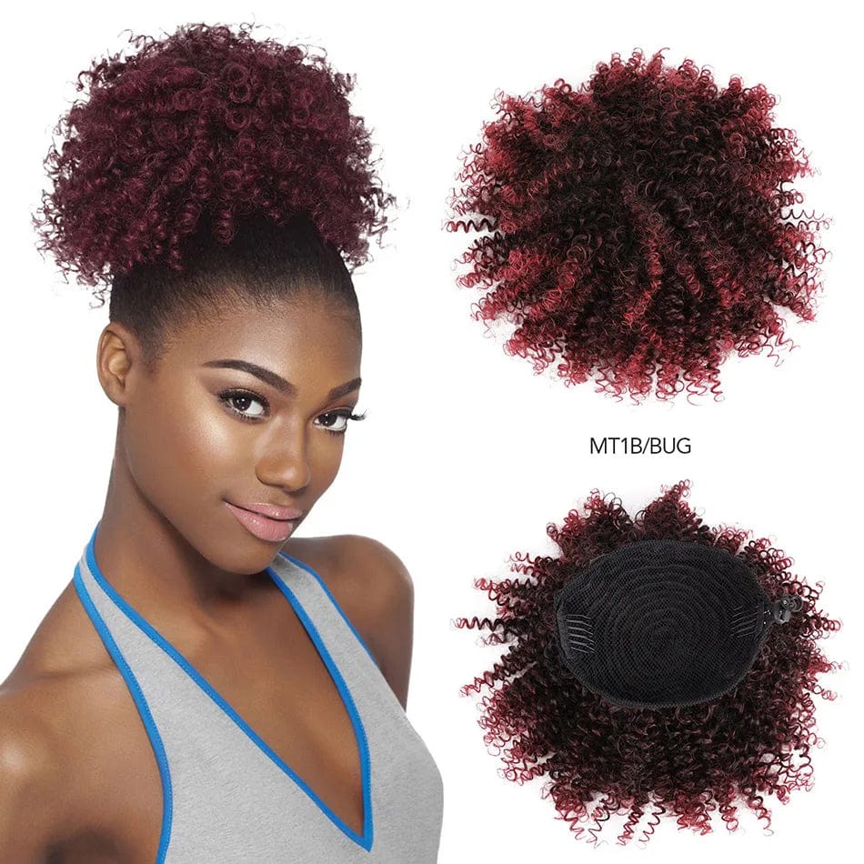 Showlu Fashion Afro Puff Curly Chignon synthetic hair bun with drawstring for women, natural black, curly hairstyle extension.