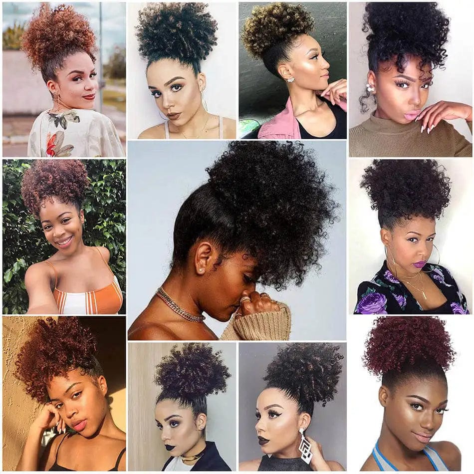 Showlu Fashion Afro Puff Curly Chignon synthetic hair bun with drawstring, natural black color, ideal for women’s curly hair extensions.