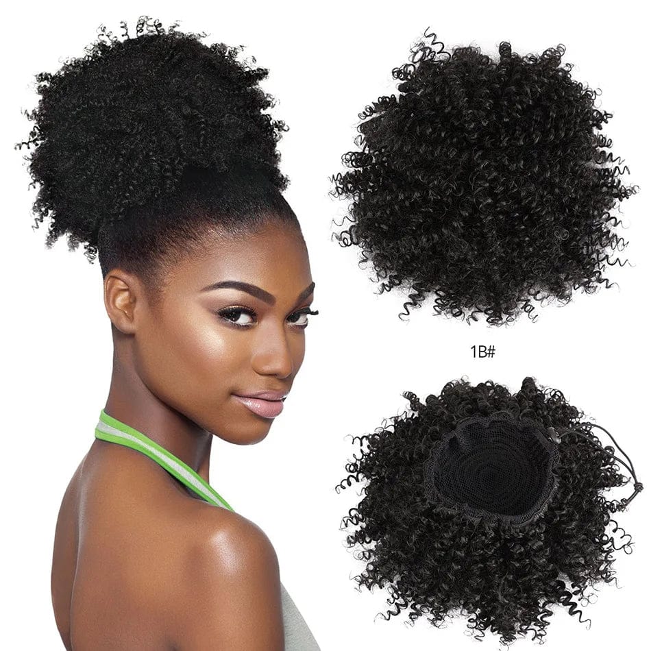 Showlu Fashion Afro Puff Curly Chignon synthetic hair bun with drawstring, natural black color, for women’s elegant hairstyle.