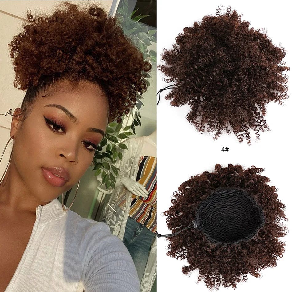 Showlu Fashion Afro Puff Curly Chignon synthetic hair bun with drawstring, natural black, for women’s curly hairstyle extension.