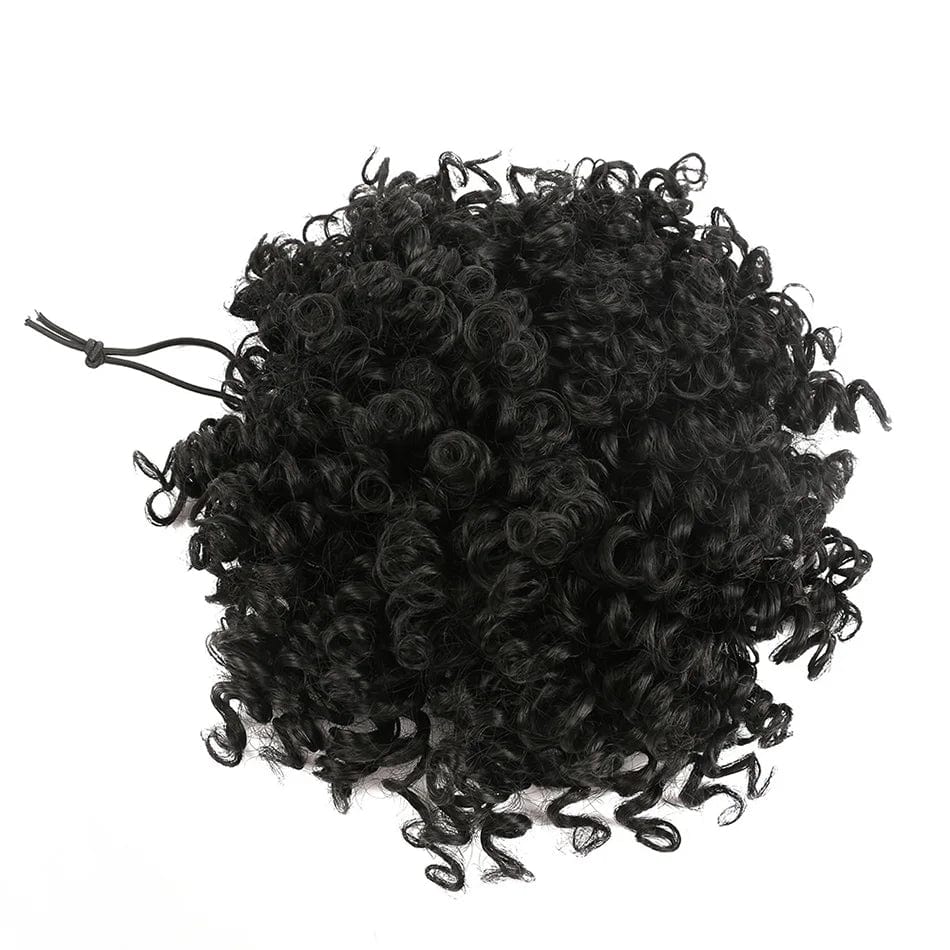 Showlu Fashion Afro Puff Curly Chignon synthetic hair bun with drawstring, natural black, for women’s curly hair styling.