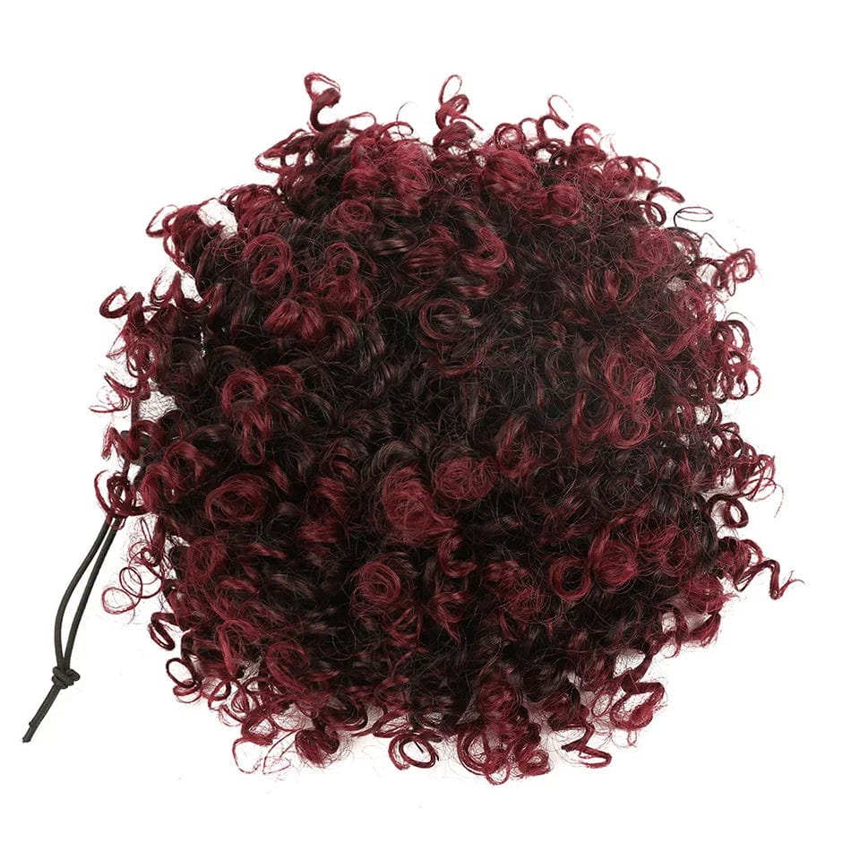Showlu Fashion Afro Puff Curly Chignon synthetic hair bun with drawstring, natural black, for women’s hair extension and styling.