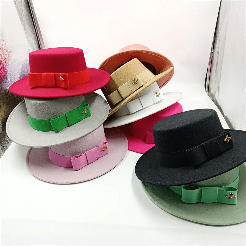 Showlu Fashion Store Bow Tie Fedora Hat Winter Round Bumpy Surface Flat Top Bow Tie Elastic Band Men's and Women's Red Jazz Hat Fedora