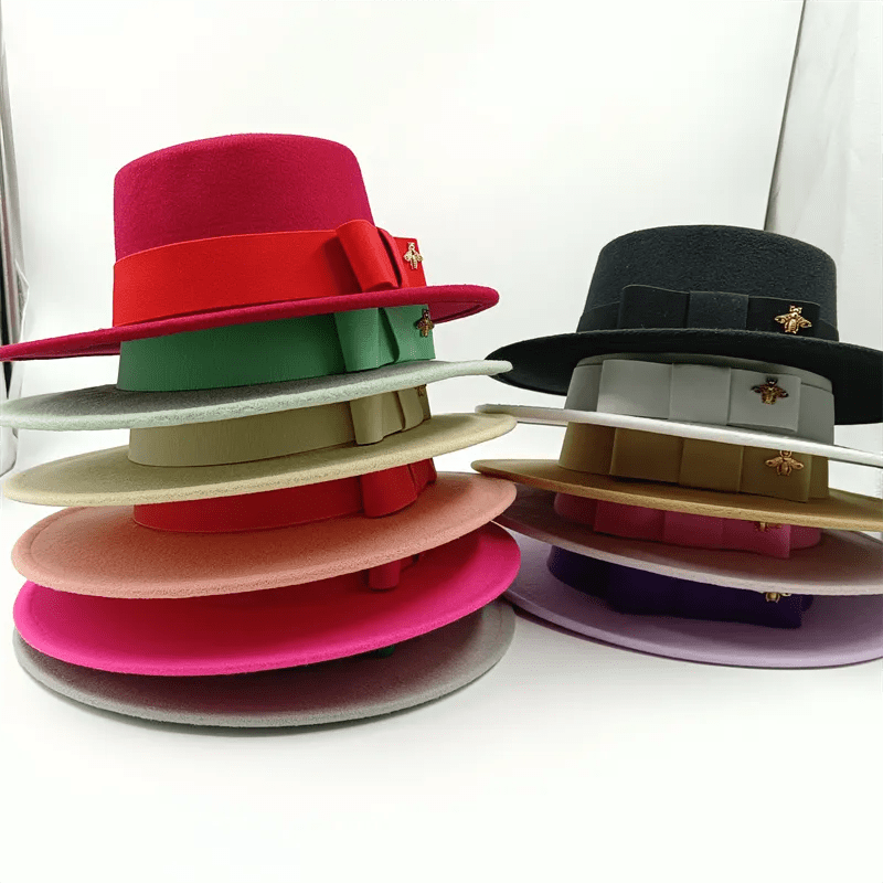 Showlu Fashion Store Bow Tie Fedora Hat Winter Round Bumpy Surface Flat Top Bow Tie Elastic Band Men's and Women's Red Jazz Hat Fedora