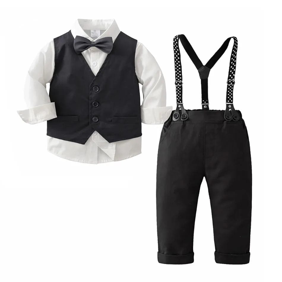 Showlu Fashion Store Boys Long Sleeved Shirt Black Vest Shoulder Strap Long Pants Gentleman's Clothing Hildren Birthday Wedding Party Dress Suit Sets