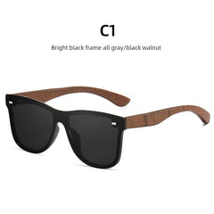 Showlu Fashion Store Bright black frame all gray/black walnut 2023 Men's New Trendy Polarized Sunglasses Women's One-Piece Sunglasses Decorative Bamboo Wooden Glasses Leg Decoration Comfortable