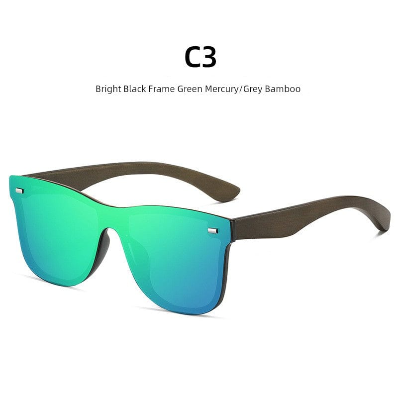 Showlu Fashion Store Bright Black Frame Green Mercury/Grey Bamboo 2023 Men's New Trendy Polarized Sunglasses Women's One-Piece Sunglasses Decorative Bamboo Wooden Glasses Leg Decoration Comfortable