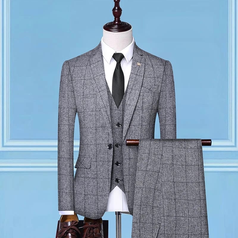 Showlu Fashion Store British Style Men Plaid Vest Blazer Pants 3 Pieces Set / Male Fashion High End Slim Wedding Banquet Business Suit Jacket Coat