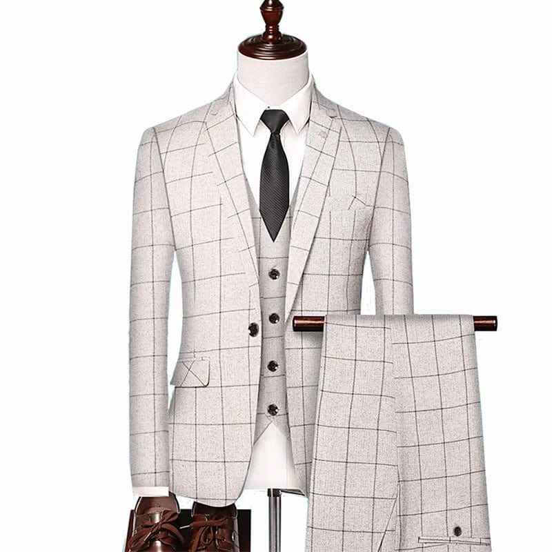 Showlu Fashion Store British Style Men Plaid Vest Blazer Pants 3 Pieces Set / Male Fashion High End Slim Wedding Banquet Business Suit Jacket Coat