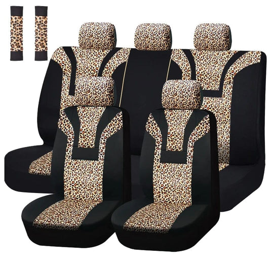  Showlu Fashion Store Browm full set Leopard Print Short Plush Universal Car Seat Cover Winter Seat Covers Fit For Most Car SUV Truck Vans Car Accessories Interior