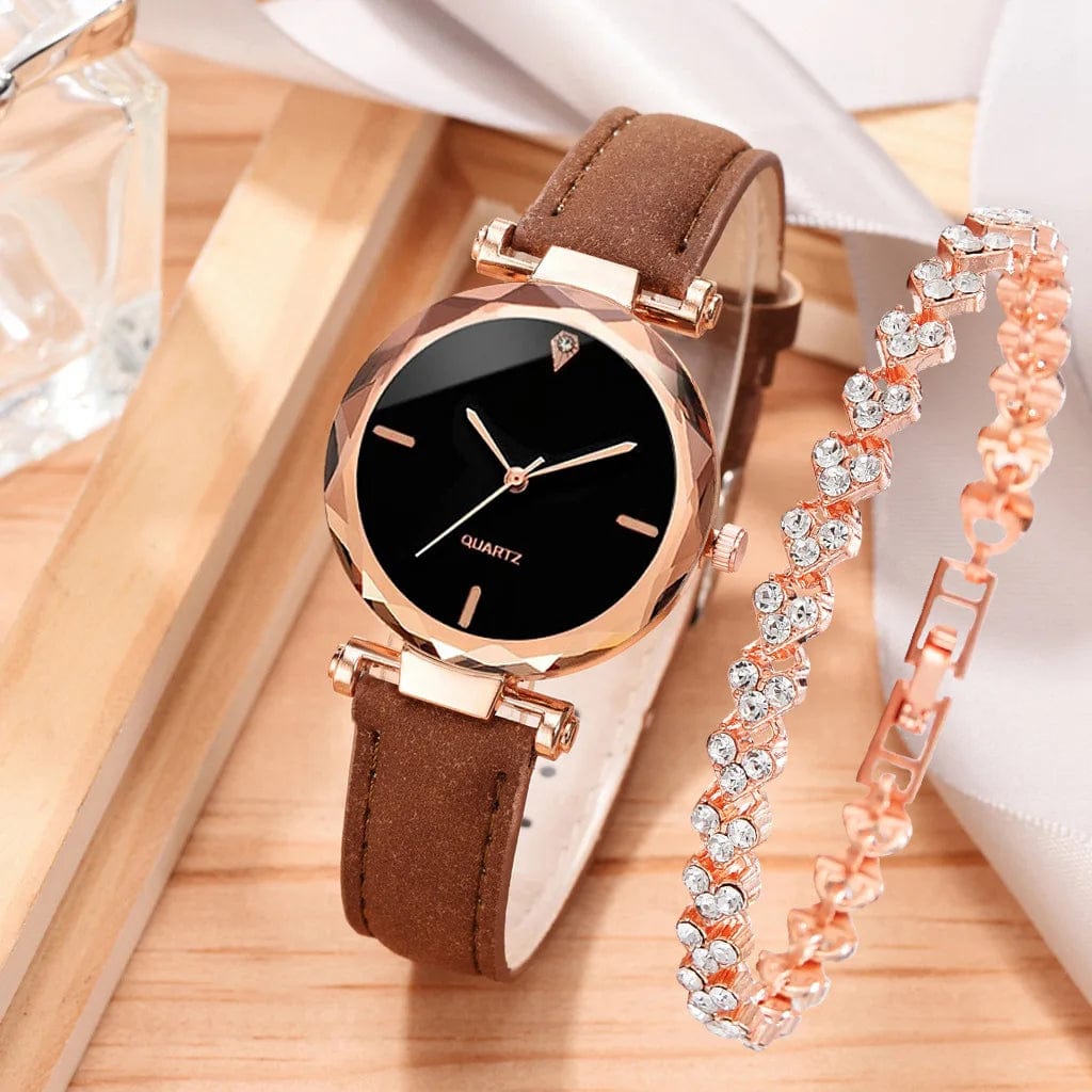 Showlu Fashion Store Brown 2pcs Luxury Fashion Women Watch Set PU Leather Strap Ladies Quartz Wristwatch Rhinestone RoseGold Alloy Bracelet for Ladies Gift