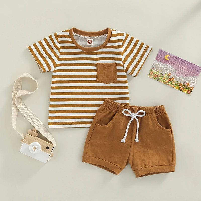 Showlu Fashion Store Brown / 6M 0-3 Years Toddler Baby Boys Clothes Short Set Short Sleeve Striped T-shirt with Elastic Waist Shorts Summer Clothing Outfit