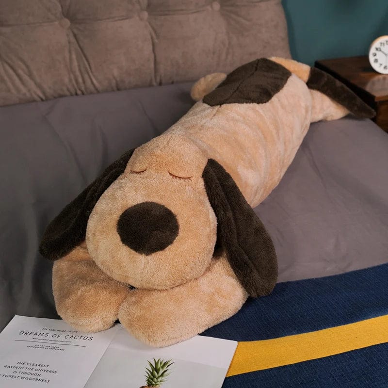 Brown Biscuit Puppy Soft Kawaii Dog Plush Pillow, long stuffed animal doll for kids and pets, cozy sleep companion.