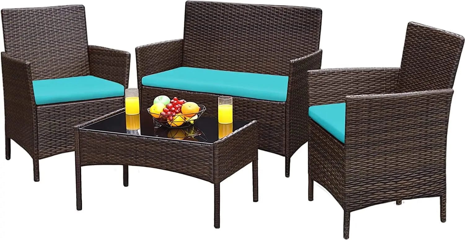  Showlu Fashion Store Brown And Blue / United States Patio Furniture 4 Pieces Conversation Sets Outdoor Wicker Rattan Chairs Garden Backyard Balcony Porch Poolside loveseat