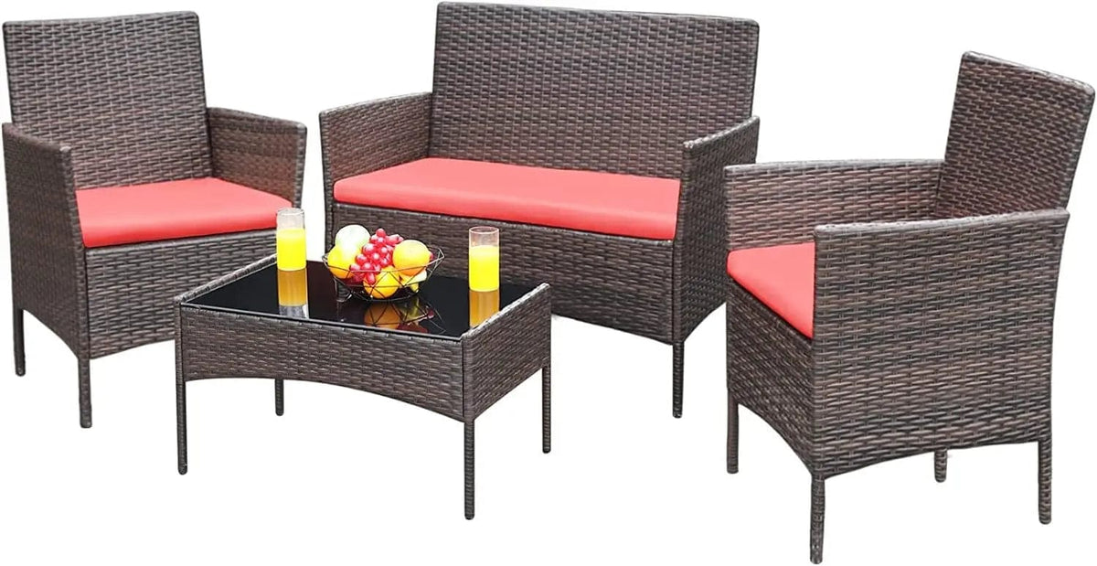  Showlu Fashion Store Brown And Red / United States Patio Furniture 4 Pieces Conversation Sets Outdoor Wicker Rattan Chairs Garden Backyard Balcony Porch Poolside loveseat