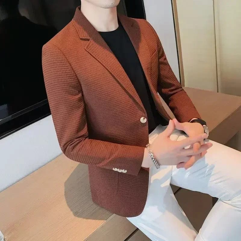  Showlu Fashion Store Brown / Asia M 50-57.5kg Waffle Suit Jacket Men Blazer Mature Style Casual Fit Korean Style Trendy Suit Jacket Solid Color Business Fashion Coat Top