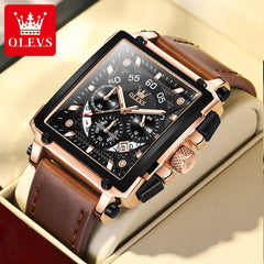 SHOWLU FASHION STORE brown black / ITALY OLEVS 9919 Chronograph Multifunctional Quartz Men's Watch Leather strap 45MM Square Big Dial Leisure Sports TOP Brand Male Watch