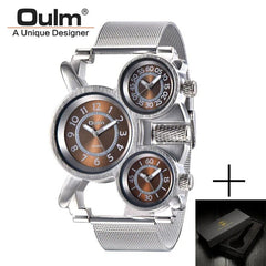  Showlu Fashion Store brown(box) Oulm HT1167 Mens Watches Top Brand Luxury Men's Military Outdoor Wrist Watch 3 Time Zone Sport Brown Male Full Steel Clock