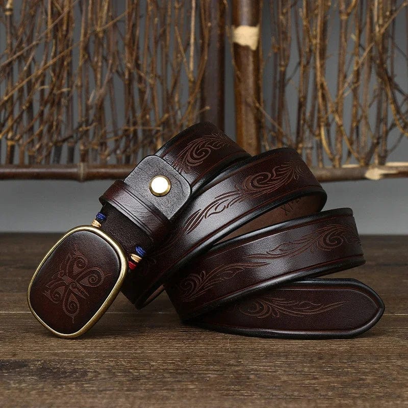 Showlu Fashion Store Brown / CHINA / 120cm 3.5CM Pure Cowhide High Quality Genuine Leather Belts for Men Laser Engraving Strap Male Smooth Buckle Jeans Cowboy Luxury