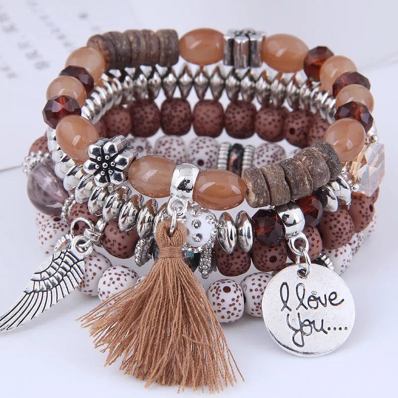  Showlu Fashion Store brown DIEZI Bohemian Multicolor Pink Crystal Beads Bracelets Women Girls Elastic Tassel Wing Letters Rope Bracelet Pulseira Feminina