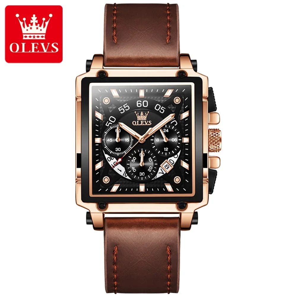 SHOWLU FASHION STORE Brown Gold Black / CN OLEVS 9919 Quartz Watch for Men Chronograph Multifunctional Wristwatch Leather strap Square Big Dial Leisure Sports Mens Watches