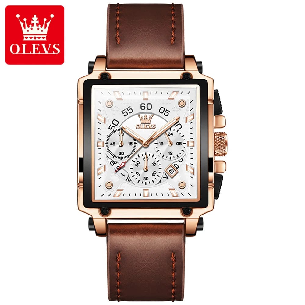 SHOWLU FASHION STORE Brown Gold White / CN OLEVS 9919 Quartz Watch for Men Chronograph Multifunctional Wristwatch Leather strap Square Big Dial Leisure Sports Mens Watches