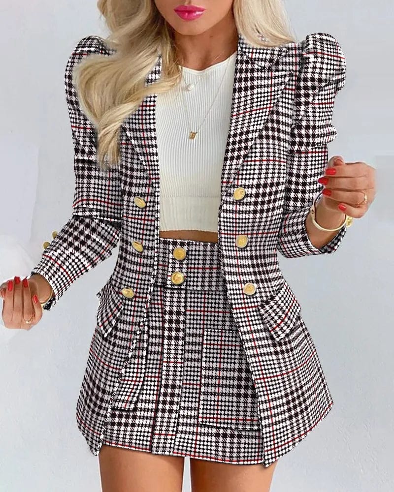  Showlu Fashion Store Brown / L Long Sleeve Suit Jacket Dress Set Spring Fashion Elegant Solid Turn Down Collar Coat Buns Two Piece Sets For Women Outfit 2023