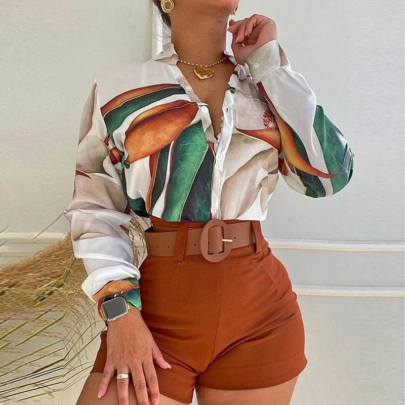 SHOWLU FASHION STORE Brown / L Women's Shorts Suit Summer Fashion Sexy V Neck Long Sleeve Shirts Slim Wear A Belt Elegant Female Blouse Office Two Piece Set