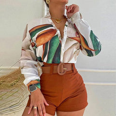 SHOWLU FASHION STORE Brown / L Women's Shorts Suit Summer Fashion Sexy V Neck Long Sleeve Shirts Slim Wear A Belt Elegant Female Blouse Office Two Piece Set