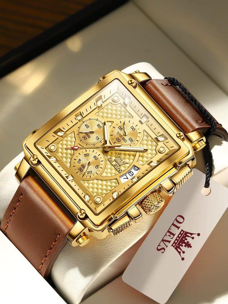 SHOWLU FASHION STORE Brown leather full gold face [send Hao gift + warranty for ten years]] Swiss New Arrival Brand Belt Square Fashion Men's Watch