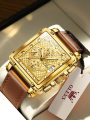 SHOWLU FASHION STORE Brown leather full gold face [send Hao gift + warranty for ten years]] Swiss New Arrival Brand Belt Square Fashion Men's Watch