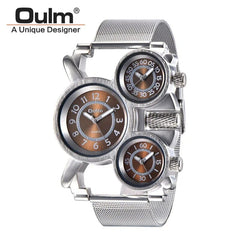 Showlu Fashion Store brown Oulm HT1167 Mens Watches Top Brand Luxury Men's Military Outdoor Wrist Watch 3 Time Zone Sport Brown Male Full Steel Clock