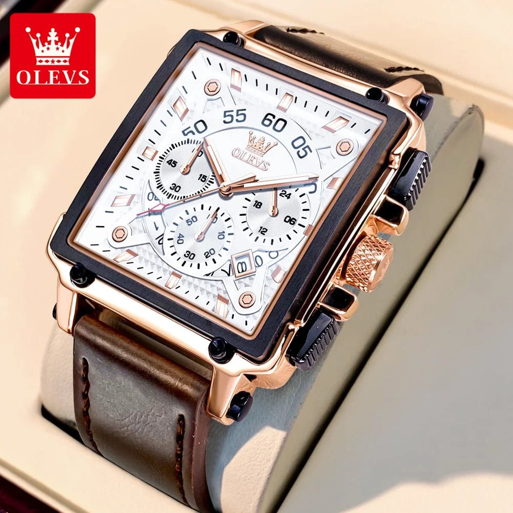 SHOWLU FASHION STORE Brown Rose White / CHINA OLEVS 9919 Fashion Chronograph Quartz Man Wristwatch Waterproof Luminous Original Watch For Men 24 Hours Display Leather Watches