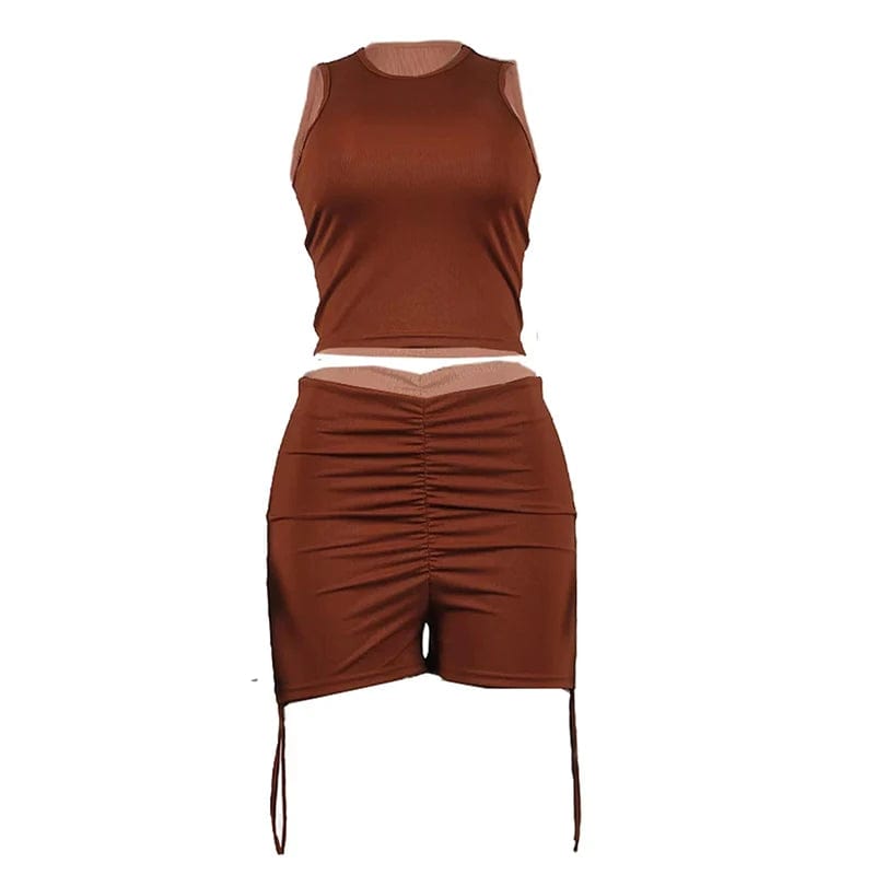  Showlu Fashion Store Brown / S Summer New Sexy Women Jumpsuit Solid Sweet Spicy Sleeveless Drawstring Slim Fit Jumpsuit Fashion Casual Clothing