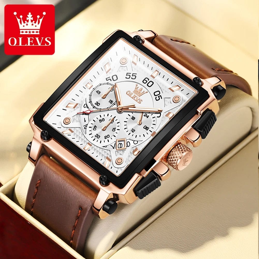 SHOWLU FASHION STORE brown white / ITALY OLEVS 9919 Chronograph Multifunctional Quartz Men's Watch Leather strap 45MM Square Big Dial Leisure Sports TOP Brand Male Watch