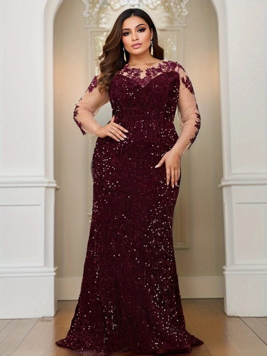 SHOWLU FASHION STORE Burgundy / 2XL O Neck Curve Long Sequined Velvet Lace Evening Dress Prom Gown Floor Length Backless Maxi Dresses